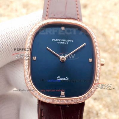 Perfect Replica Patek Philippe Golden Ellipse Watch - Blue Diamond Dial Diamond Bezel